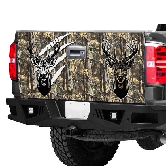 Camo Deer Tailgate Wrap – Woodland Buck Camouflage Truck Tailgate Decal, Rustic Forest Deer Graphic Vehicle Tailgate Wrap