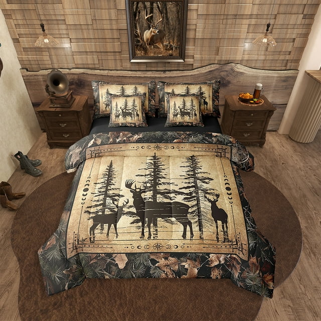 Camo Deer Twin Comforter Set 7 Piece Teen,Tree Branches Camouflage Hunting Bedding Set Woodland Animal Bed In A Bag Retro Pine Tree Wildlife Sheet Set With Comforter