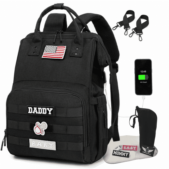 Camo Diaper Bag Backpack for Dad and Mom with USB Charging Port Stroller Straps and Insulated Pocket,army military Travel Nappy Backpack (Black)