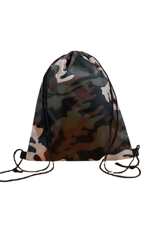 Camo Drawstring Backpack Tote Bag – Lightweight Polyester Gym Bag for Workout, Military Training & Outdoor Activities, Spacious Main Compartment with Dual Pockets