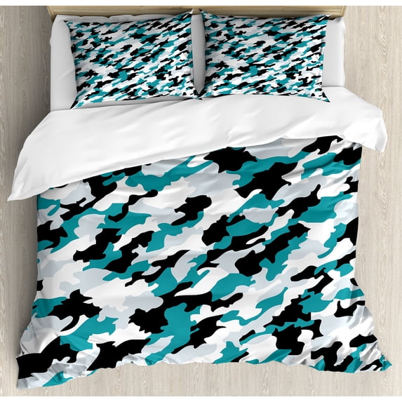Camo Duvet Cover Set, Aquatic Ocean Sea Inspired Illustration Navy Tile Concealment Texture, Decorative 3 Piece Bedding Set with 2 Pillow Shams, King Size, Dark Green White, by Ambesonne