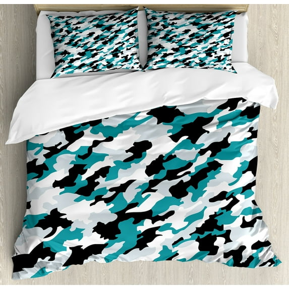 Camo Duvet Cover Set, Aquatic Ocean Sea Inspired Illustration Navy Tile Concealment Texture, Decorative 3 Piece Bedding Set with 2 Pillow Shams, Queen Size, Dark Green White, by Ambesonne