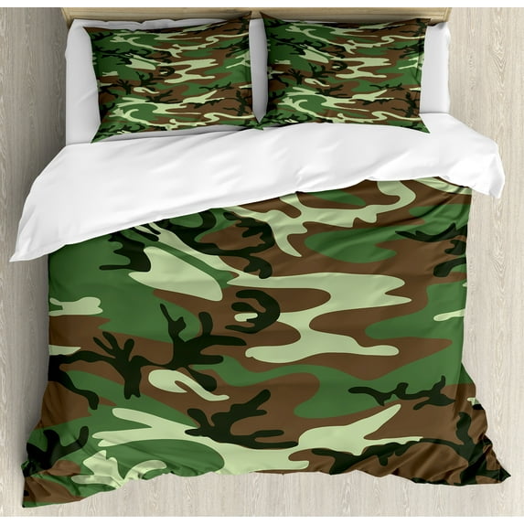 Camo Duvet Cover Set, Classical American Commando Uniform Inspired Pattern Forest Tile, Decorative 3 Piece Bedding Set with 2 Pillow Shams, King Size, Green Brown Forest Green, by Ambesonne