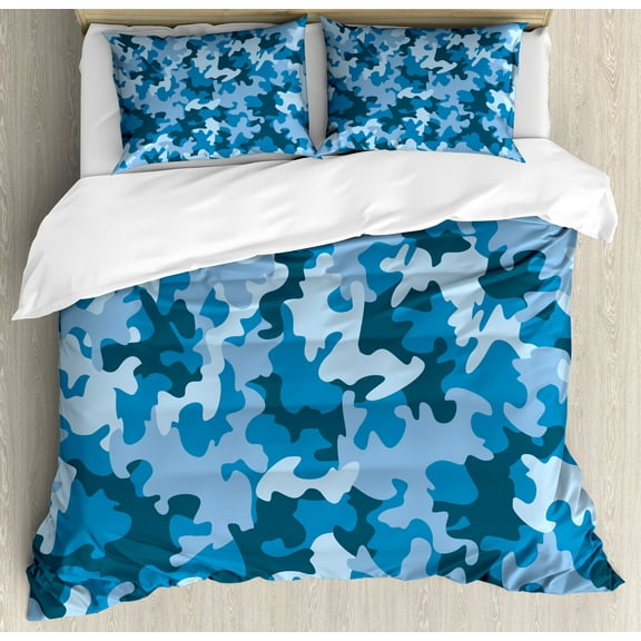Camo Duvet Cover Set, Colorful Composition with Abstract Shapes in Sky Color Shades Dark Motifs, Decorative 3 Piece Bedding Set with 2 Pillow Shams, Calking Size, Blue and Pale Blue, by Ambesonne