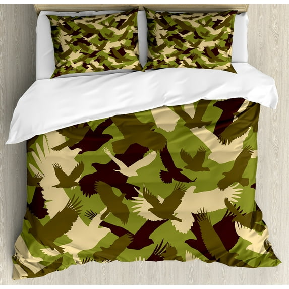 Camo Duvet Cover Set, Eagle Silhouettes Flying Open Wings Falcon Hawk Armed Forces Theme, Decorative 3 Piece Bedding Set with 2 Pillow Shams, King Size, Dark Brown Army Green, by Ambesonne