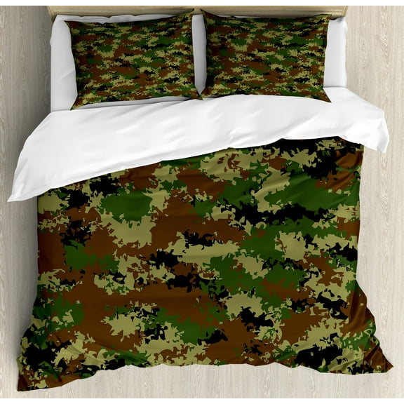 Camo Duvet Cover Set, Grunge Graphic Camouflage Summer Theme Armed Forces Uniform Inspired Dark, Decorative 3 Piece Bedding Set with 2 Pillow Shams, Queen Size, Green Pale Green Brown, by Ambesonne