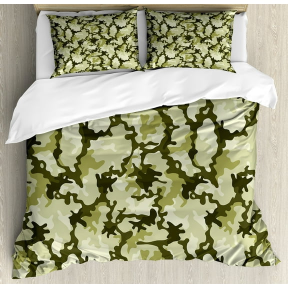 Camo Duvet Cover Set, Pattern in Green Shades Background Woodland Wild Nature Design, Decorative 3 Piece Bedding Set with 2 Pillow Shams, Calking Size, Pale Green Dark Green, by Ambesonne