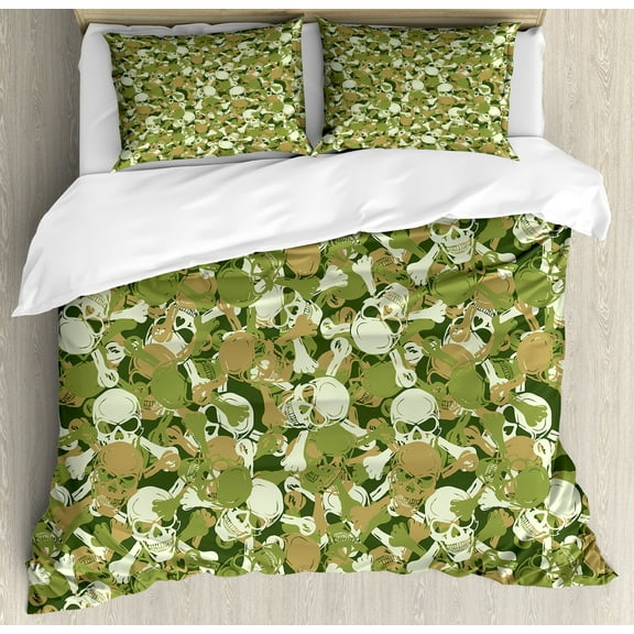 Camo Duvet Cover Set, Sketchy Skulls and Crossbones Warning Sign Spooky Scary Horror Tile, Decorative 3 Piece Bedding Set with 2 Pillow Shams, King Size, Pale Green Pale Brown, by Ambesonne