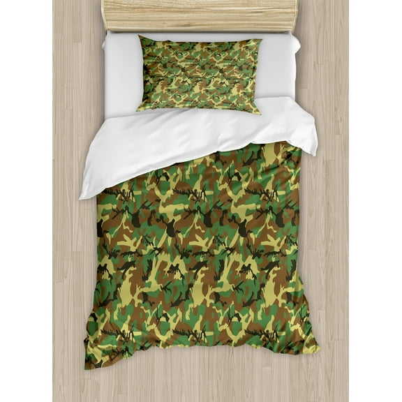 Camo Duvet Cover Set, Woodland Camouflage Pattern Abstract Concealment Hiding in Jungle, Decorative 2 Piece Bedding Set with 1 Pillow Shams, Twin Size, Green Brown Dark Green, by Ambesonne