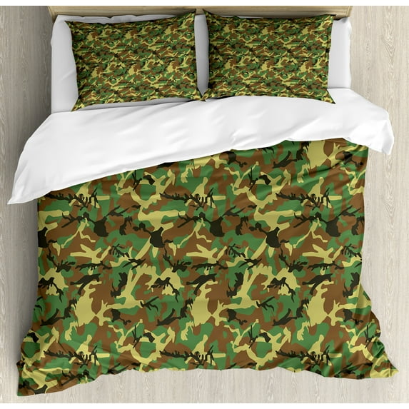Camo Duvet Cover Set, Woodland Camouflage Pattern Abstract Concealment Hiding in Jungle, Decorative 3 Piece Bedding Set with 2 Pillow Shams, Queen Size, Green Brown Dark Green, by Ambesonne