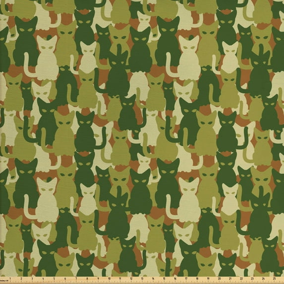 Ambesonne Cat Fabric by the Yard Upholstery, Kitten Silhouettes Jungle, 10 Yards, Green Dark Green Cream