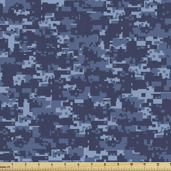 Camo Fabric by the Yard, Retro Composition of Grunge Camouflage Pattern Print in Modern Blue Tones, Decorative Upholstery Fabric for Chairs & Home Accents, 5 Yards, Pale Blue Dark Blue by Ambesonne