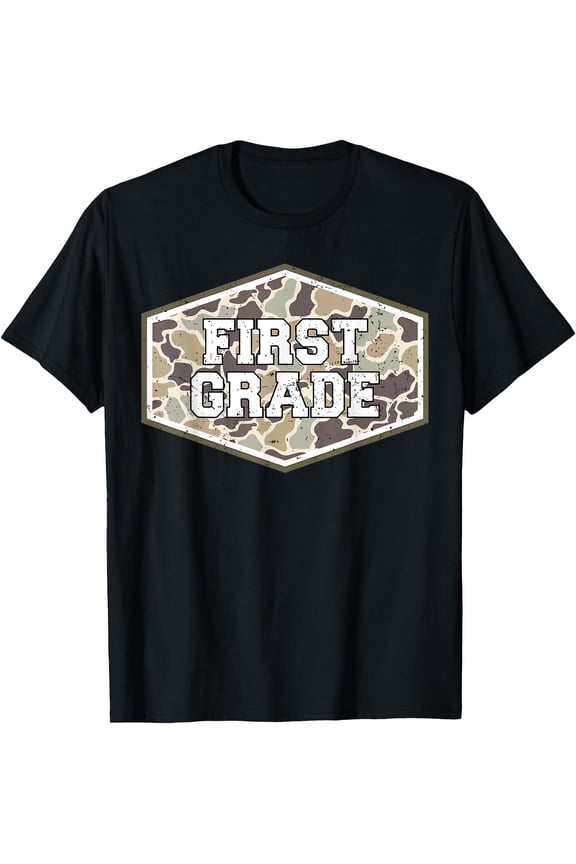 Camo First Grade Boy Hello 1St Grade Students Teachers T-Shirt