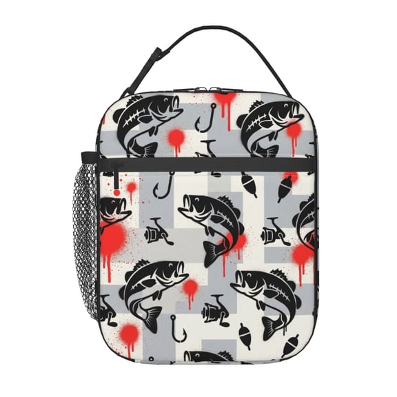 Camo Fish Lunch Bag Insulated Reusable Lunch Box Office Work Travel Commute Graffiti Bass Theme Thermal Cooler Storage Case Pouch Carrier Bag Case