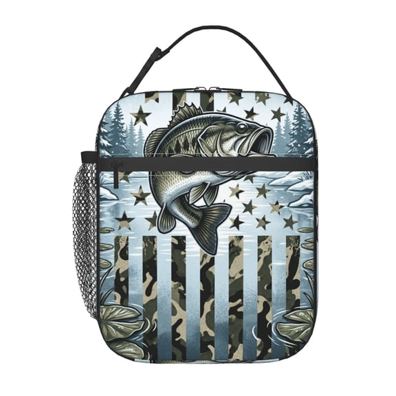 Camo Fish Lunch Bag Insulated Reusable Lunch Box Office Work Travel Commute Patriotic Camo Fish Thermal Cooler Case Pouch Gear Storage Bag Case