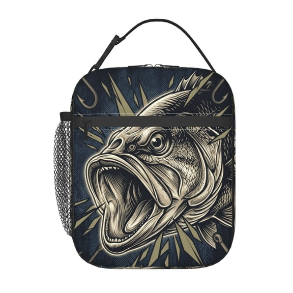 Camo Fish Lunch Box Reusable Insulated Lunch Bag Office Commuting Fishing Bass Pattern Thermal Case Pouch Cooler Tote Detachable Buckle Handle