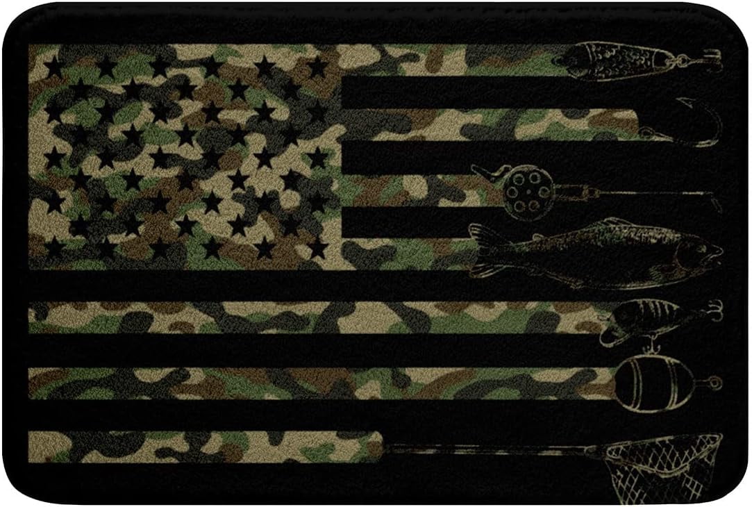 Camo Fishing Bath Mat for Boys Army Green Camouflage American Flag Door ...