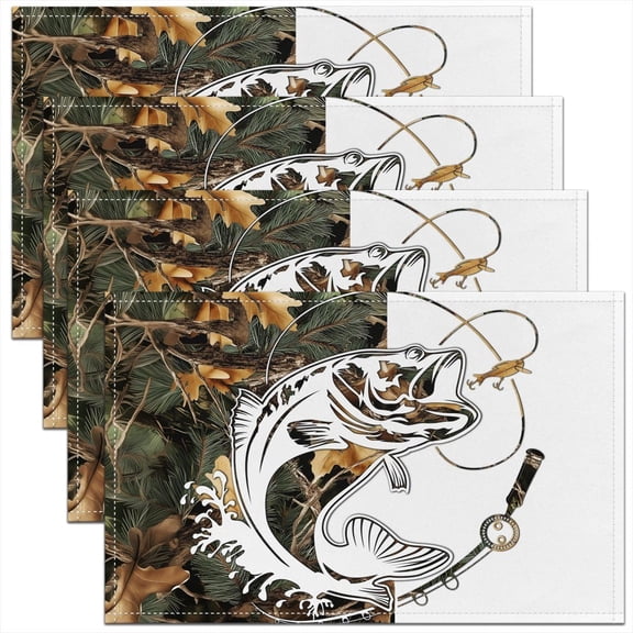 Camo Fishing Placemats - Big Bass Pike Fish Place Mat Set of 4 for Boys Kids Men | Rustic Cabin Farmhouse Table Mats 12x18 Inch | Camouflage Hunting Table Decor for Dining Room