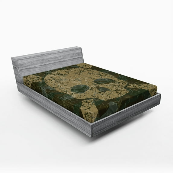 Camo Fitted Sheet, Abstract Texture Skull and Crossbones Pattern Aged Rusty Grunge Style, Decorative Soft Bedding All-round Elastic Pocket, Queen Size, Dark Green Khaki Cream, by Ambesonne