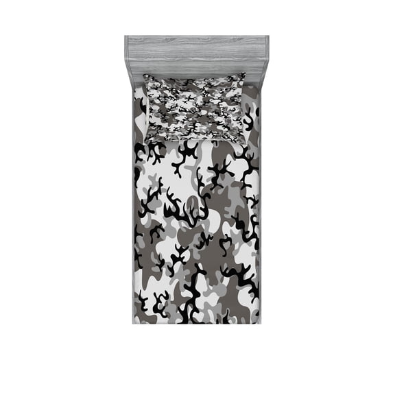 Camo Fitted Sheet & Pillow Sham Set, Camouflage Concept Concealment Artifice Hiding Force Uniform Pattern Fashion, Decorative Printed 4 Piece Bedding Decor Set, Twinxl, Black Grey Grey, by Ambesonne