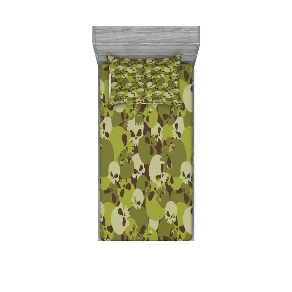 Camo Fitted Sheet & Pillow Sham Set, Composition of Skulls Scary Head Skeletons Graphic Grunge Illustration, Decorative Printed 4 Piece Bedding Decor Set, Twin, Green Pale Green Beige, by Ambesonne