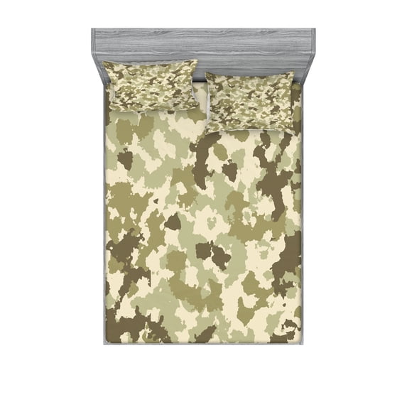 Camo Fitted Sheet & Pillow Sham Set, Old Fashioned Camouflage Pattern Classical Jungle Survival Theme, Decorative Printed 6 Piece Bedding Decor Set, Queen, Pale Green Army Green, by Ambesonne