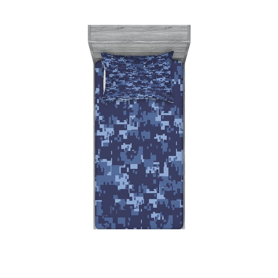 Camo Fitted Sheet & Pillow Sham Set, Retro Composition of Grunge Camouflage Pattern Print in Modern Blue Tones, Decorative Printed 4 Piece Bedding Decor Set, Twin, Pale Blue Dark Blue, by Ambesonne