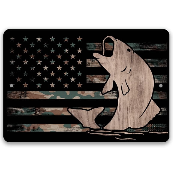 Camo Flag Fishing - Metal Sign - Durable Metal Sign - Use Indoor/Outdoor - Great Military Themed Gift for American Fishing Enthusiasts and Decor for Cabin and Man Cave (8" x 12")