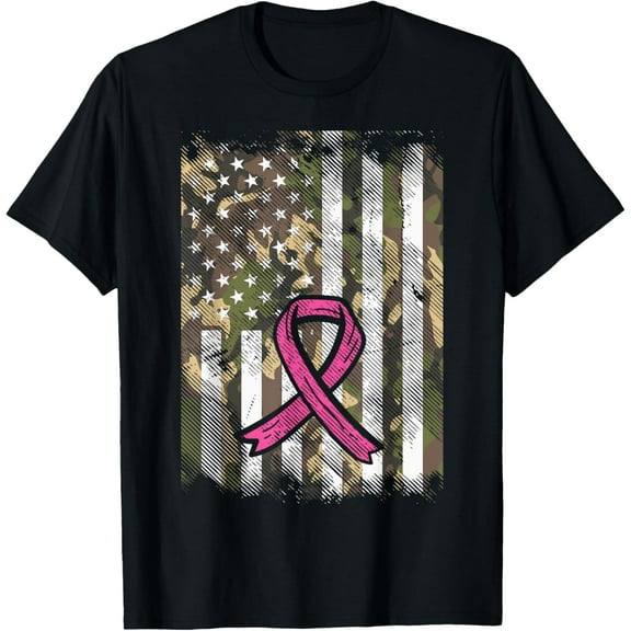 Camo Flag Pink Ribbon Breast Cancer Awareness Patriotic T-Shirt