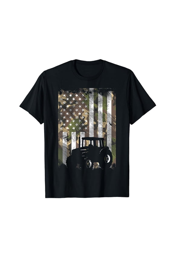 Camo Flag Tractor Vintage Farm Truck Patriotic Farmer Gift T-Shirt