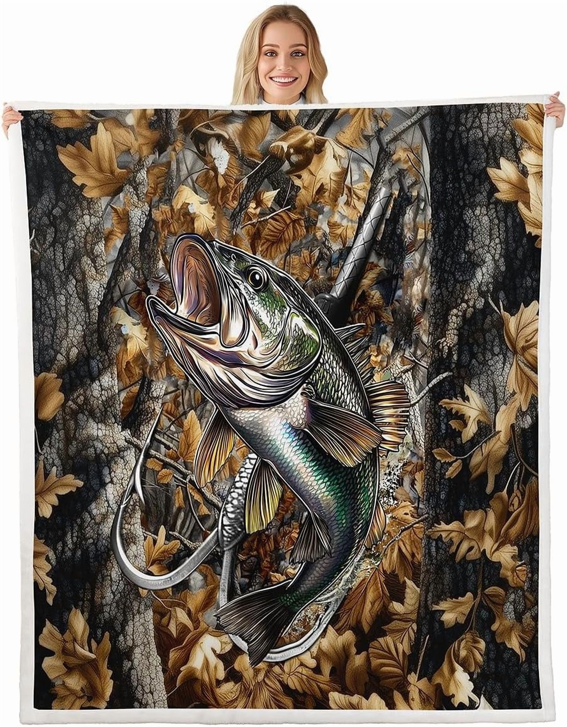 Camo Fleece Blanket Twin 60"x80" Users Camo Fish Plush Blanket for men Teens Fish Huntihg Sherpa Blanket Camouflage Fish Hunting Brown Fuzzy Blanket