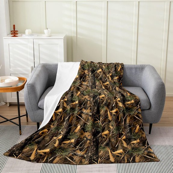 Camo Fleece Throw Blanket for Couch Bed Tree Branch Pattern Soft Warm Fuzzy Microfiber Blanket for All Seasons