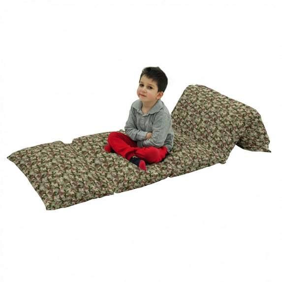 Camo Floor Pillow Lounger Cover, Illustrated Green Camouflage in Forest Colors Hunter Theme, Nap Mat Printed Fabric Case for 5 Pillows, 88" x 36", Dark Green Army Green, by Ambesonne