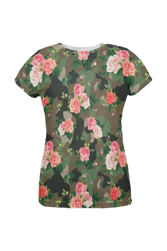 Camo Floral Pattern All Over Womens T-Shirt - Large