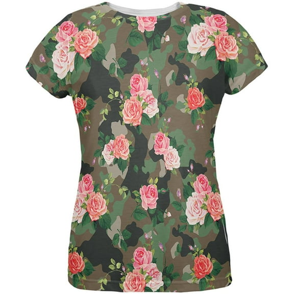 Camo Floral Pattern All Over Womens T-Shirt - X-Large