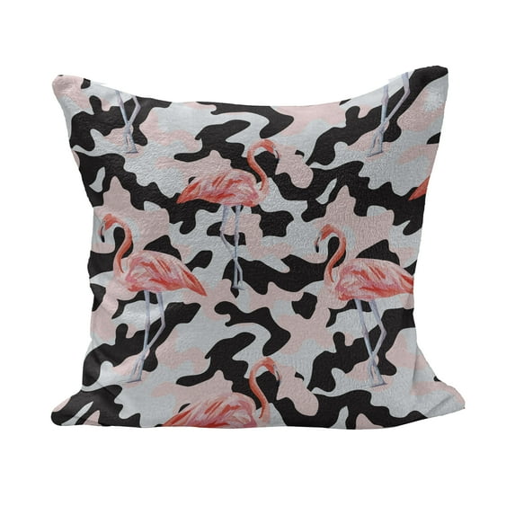 Camo Fluffy Throw Pillow Cushion Cover, Watercolor Pink Flamingo Print Camouflage Background Nature Inspired, Decorative Square Accent Pillow Case, 28" x 28", Dark Coral Pale Pink, by Ambesonne
