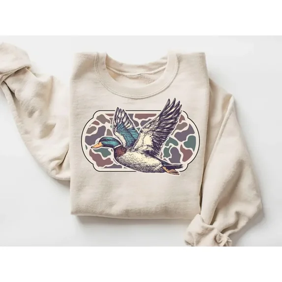 Camo Flying Mallard Bird Old School Camo Sweatshirt, Sublimated Vintage Sweatshirt, Crewneck 90s Waterfowl Duck Sweatshirt