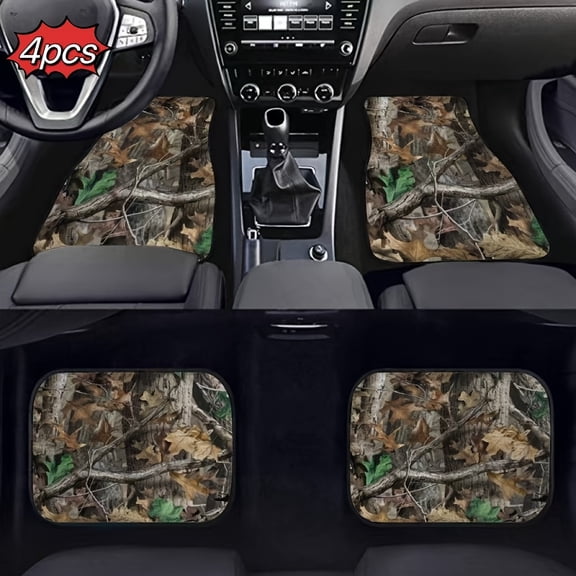 Camo Forest Universal Car Floor Mats with Realistic Tree And Leaf Pattern 4pcs Set 100% Polyester Fiber Front And Rear Automotive Interior Decor Anti-Slip Vehicle Carpet Mats