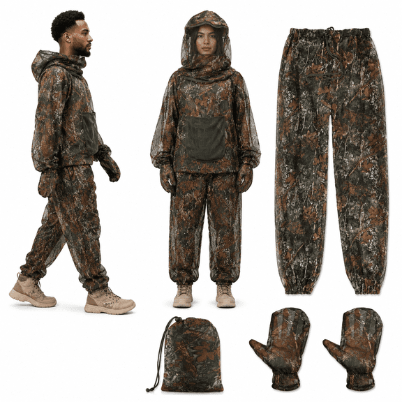 Camo Full Body Mosquito Net Suit with Jacket, Pants, Gloves and Storage Bag