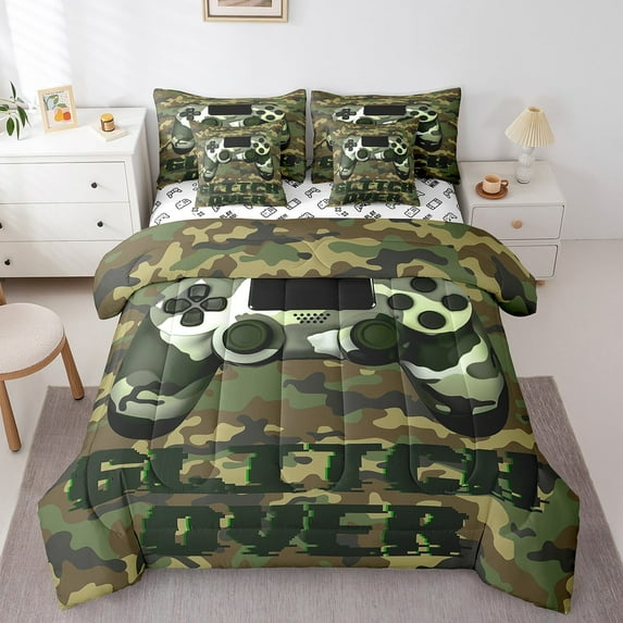 Camo Gaming 7 Piece Comforter Set Full Bed in a Bag,Gamer Room Decor For Boys Bedding Sets Army Green Camouflage Sheet Set with Comforter