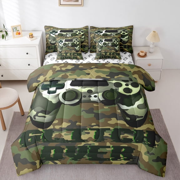 Camo Gaming Bed in a Bag Queen Comforter Set 7 Piece,Gamer Room Decor For Boys Bedding Sets Army Green Camouflage Sheet Set with Comforter