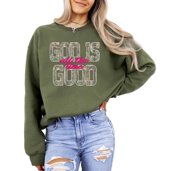 Camo God Is Good All The Time Sweatshirt for Women - Christian Faith Pullover Army Green Sweatshirt Adult Small