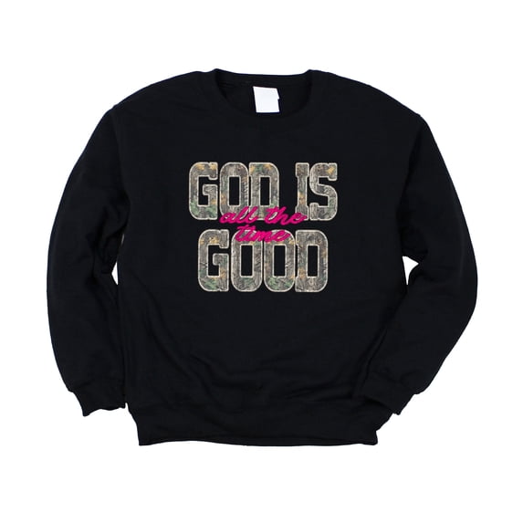 Camo God Is Good All The Time Sweatshirt for Women - Christian Faith Pullover Black Sweatshirt Adult X-Large