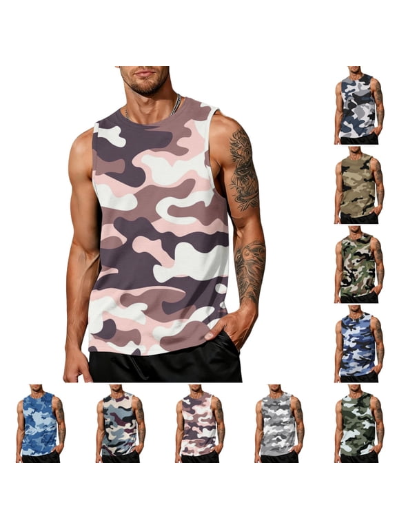 Camo Graphic Tank Tops for Men Fashion Casual Sleeveless Crewneck Tank Tops Summer Breathable Lightweight Classic Fit Outdoor Beach Tank Top Light pink 3XL