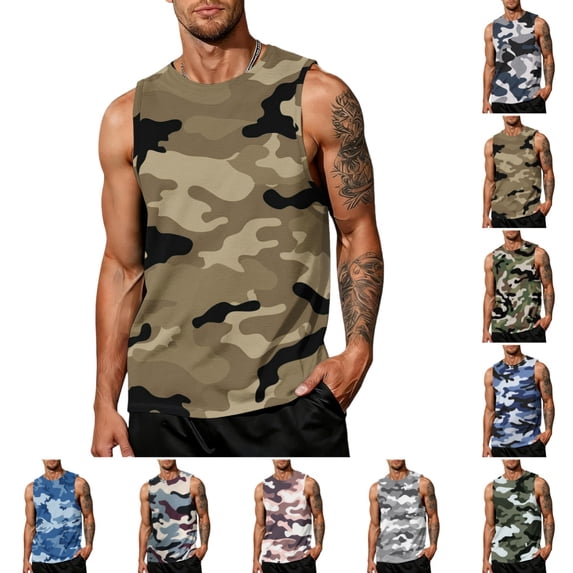 Camo Graphic Tank Tops for Men Casual Trendy Sleeveless Crewneck Tank Tops Summer Breathable Lightweight Regular Fit Outdoor Beach Vest Brown 4XL