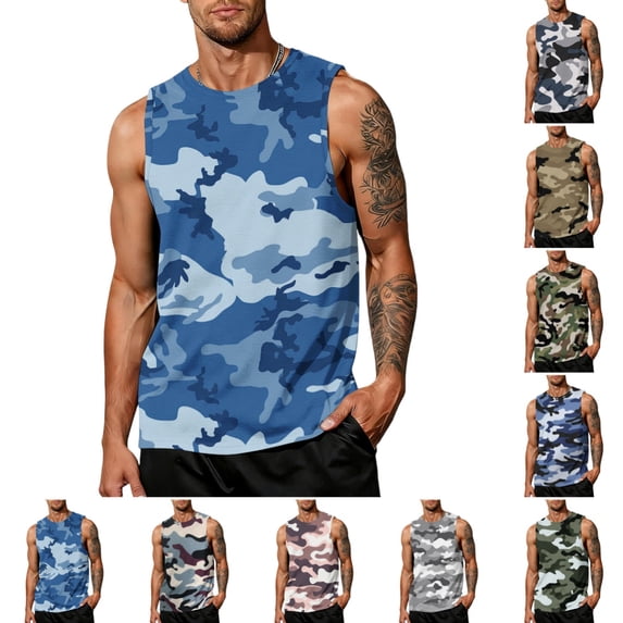 Camo Graphic Tank Tops for Men Trendy Casual Sleeveless Crewneck Tank Tops Summer Breathable Lightweight Classic Fit Sport Tank Top Sky Blue L
