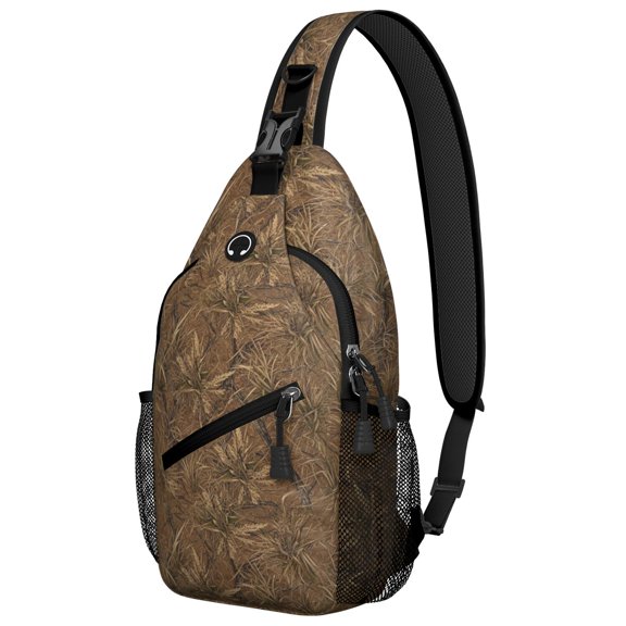Camo and Grass Tan Pattern Sling Backpack, Unisex Daily Travel Sling Pack with Side Mesh Pockets, Earphone Hole Port Gift Ideas for Hiking Cycling Walking
