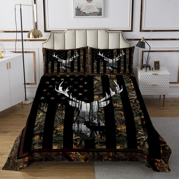 Camo Green American Flag Bedspread Set for Teen Hunting Deer Wild Animal Coverlet Set USA Federations Stars Stripes Quilt Set King, Rustic Antlers Deer Hunting Wild Animal Bedding Set