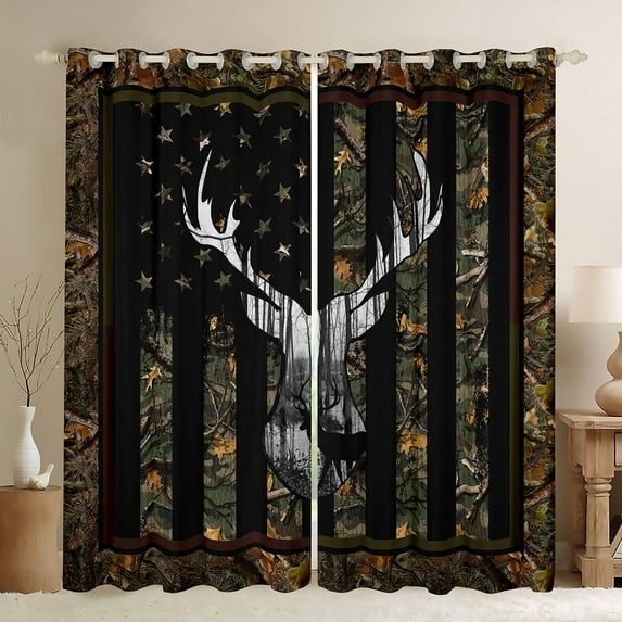 Camo Green American Flag Blackout Curtains For Teen Boys Hunting Deer Wild Animal Curtains & Drapes Usa Federations Stars Stripes Curtains 42''Wx63''L