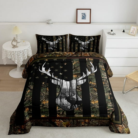 Camo Green American Flag Comforter Set for Teen Hunting Deer Wild Animal Bedding USA Federations Stars Stripes Bed Comforter Full, Rustic Antlers Deer Hunting Wild Animal Quilted Duvet Set